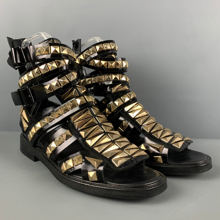 GIVENCHY SS 10 Size 11 Black Gold Studded Leather Gladiator Sandals