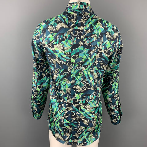 VERSACE COLLECTION Trend Size S Green & Navy Print Silk Hidden Buttons Long Sleeve Shirt