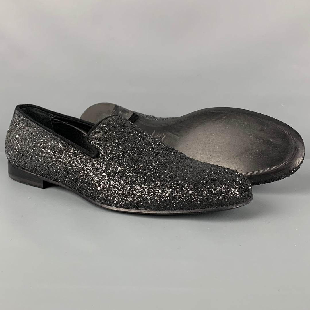JOHN GALLIANO Size 13 Black Silver Glitter Suede Slip On Loafers