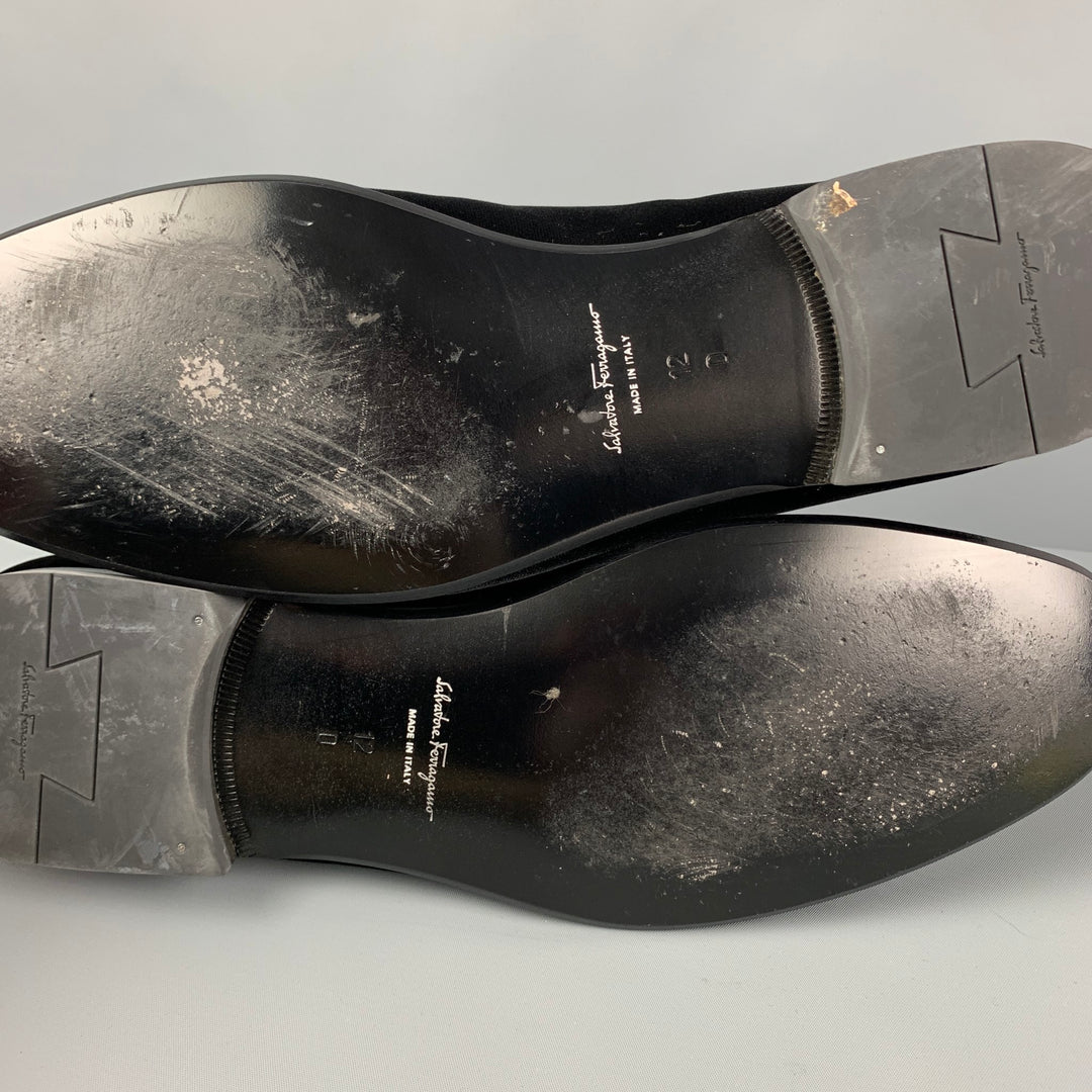 SALVATORE FERRAGAMO Size 12 Black Velvet Leather Trim Lapo Loafers