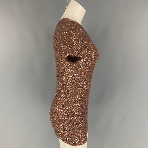 DONNA KARAN Size M Copper Cashmere / Silk Sequined Short Sleeve Dress Top