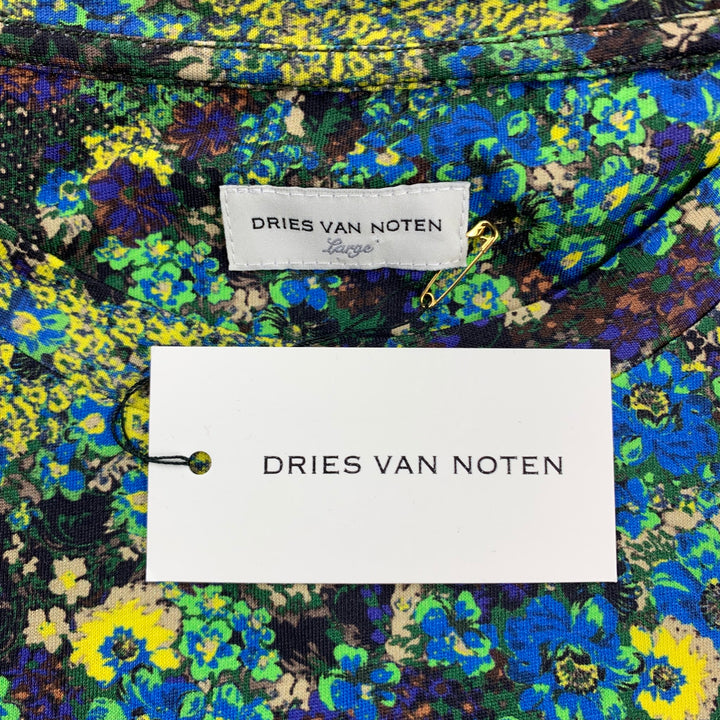 DRIES VAN NOTEN S/S 20 Size L Green & Blue Floral Cotton Crew-Neck T-shirt