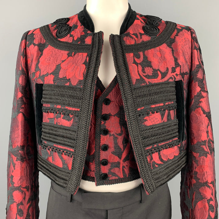 DOLCE & GABBANA SS 2015 Size 42 Red & Black Brocade Viscose Blend Cropped Vest & Jacket