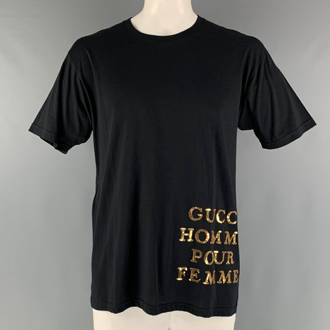 GUCCI Size S Black Gold Embroidery Cotton Crew-Neck T-shirt