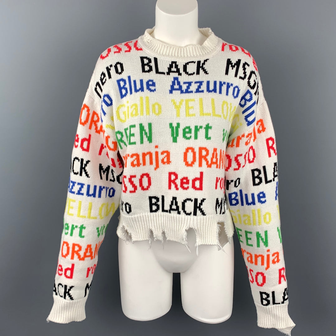 MSGM Taille M Pull en coton/acrylique tricoté en détresse blanc et multicolore