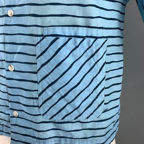 BAND OF OUTSIDERS Size L Blue Navy Stripe Cotton Short Sleeve Shirt