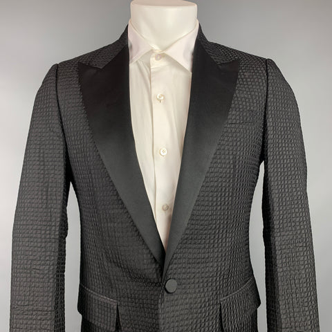 LANVIN Size 38 Regular Black Textured Silk / Polyester Peak Lapel Sport Coat