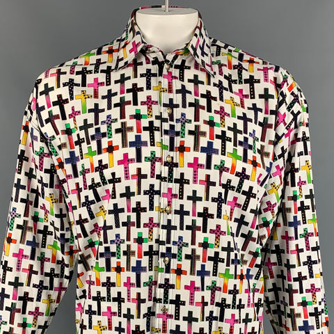 Vintage VERSACE JEANS COUTURE Size M Multi-Color Cross Print Cotton Long Sleeve Shirt