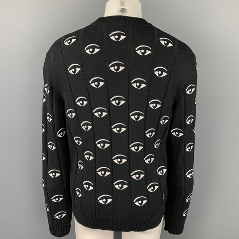 KENZO Size XL Black & White Embroidery Cotton Crew-Neck Pullover