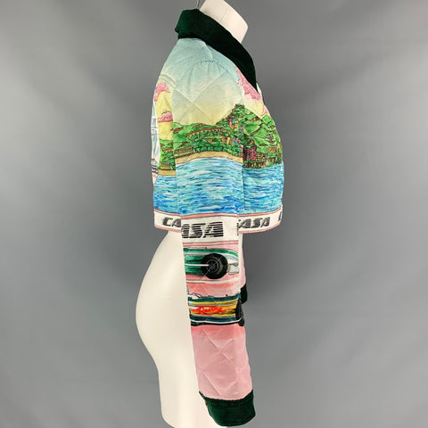 CASABLANCA Size XS Multi-Color Printed Satin Cropped Jacket