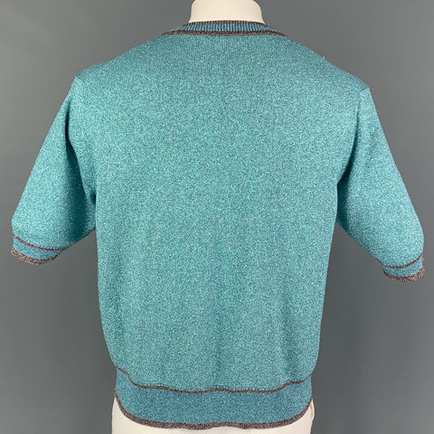 MARC JACOBS Size XL Blue Metallic Viscose Blend Short Sleeve Pullover