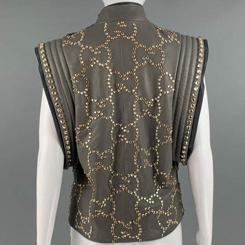 GUCCI FW2018 Runway Size 2 Grey Gold Leather Studded Cropped Jacket
