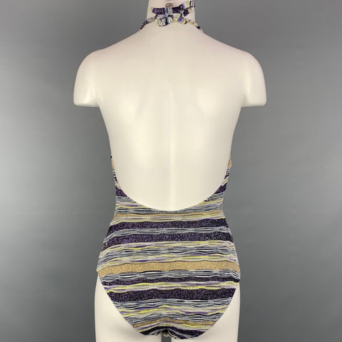 MISSONI Mare Size 6 Purple & Gold Knitted Stripe Cotton Blend One Piece Swimsuit