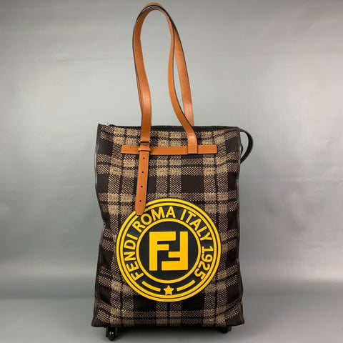 FENDI Brown & Yellow Plaid Canvas Leather Yellow Roller Luggage Travel Bag