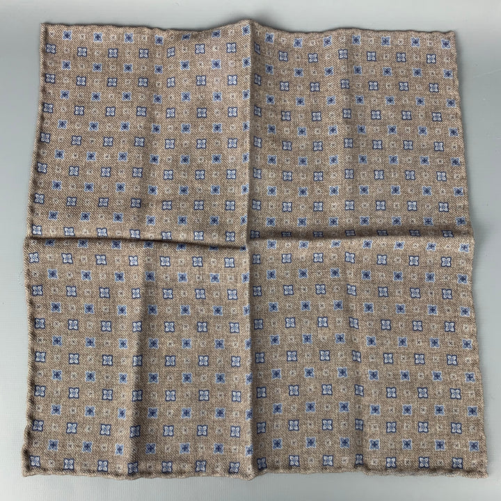 BRUNELLO CUCINELLI Taupe & Blue Reversible Wool Pocket Square