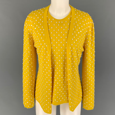 OSCAR DE LA RENTA Size M Yellow Cashmere Beaded Open Front Cardigan