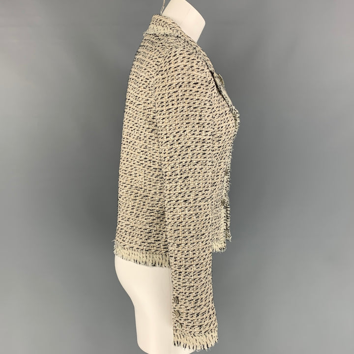 CHANEL Size 6 Cream & Black Boucle Cotton Blend Jacket
