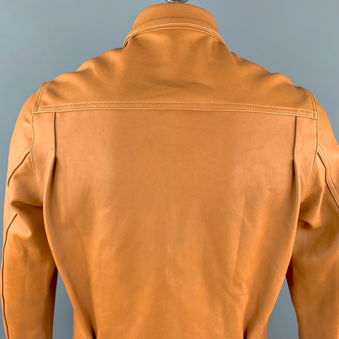 OSCAR H. GRAND Size M Tan Leather Flap Pockets Silver Buttons Back Belt Trucker Jacket