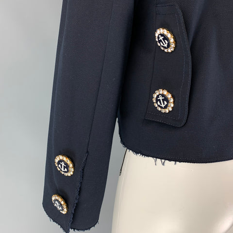 DOLCE & GABBANA Size 6 Navy Cotton Rhinestone Anchor Double Breasted Nautical Jacket