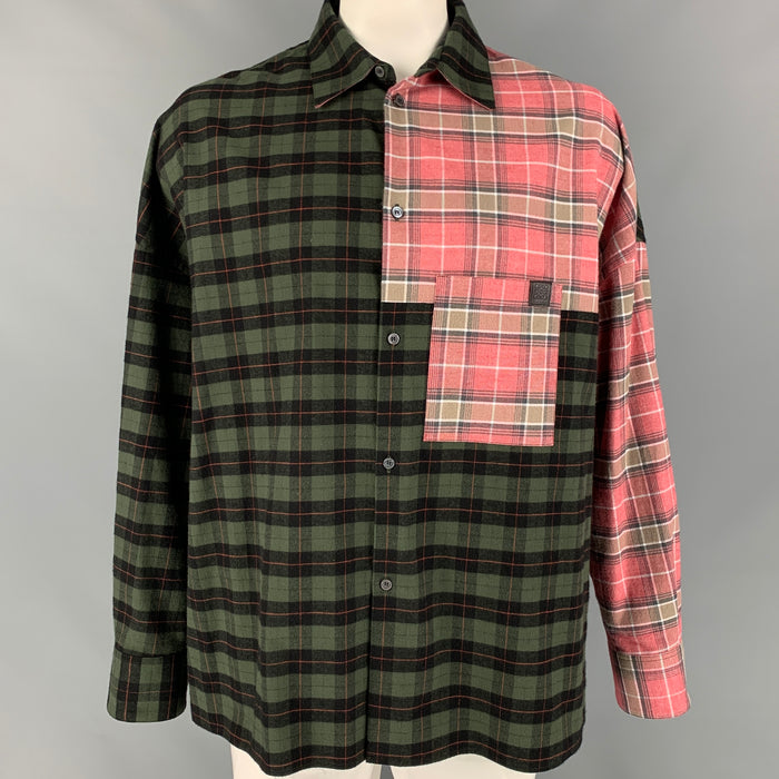 LOEWE x J.W.Anderson Size 43 Pink & Green Plaid Cotton Oversized Long Sleeve Shirt