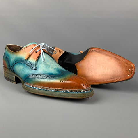 PAUL PARKMAN Size 8 Turquoise Brown Perforated Leather Wingtip Shoes