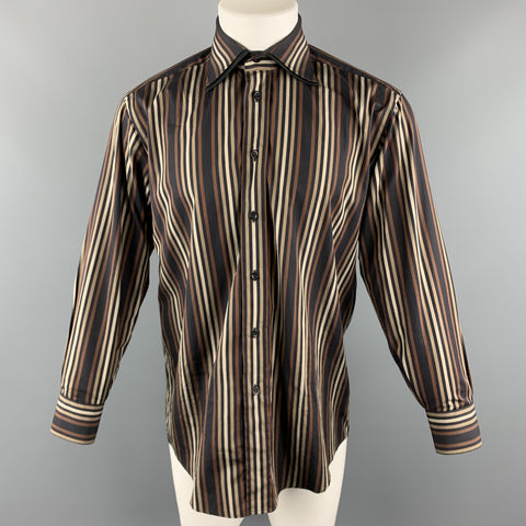 VERSACE CLASSIC Size S Brown & Black Stripe Cotton Double Collar Button Up Long Sleeve Shirt
