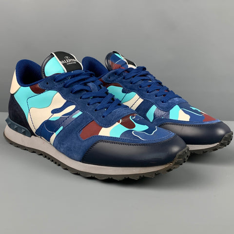 VALENTINO Size 12 Blue Multi-Color Camo Leather Rockrunner Sneakers