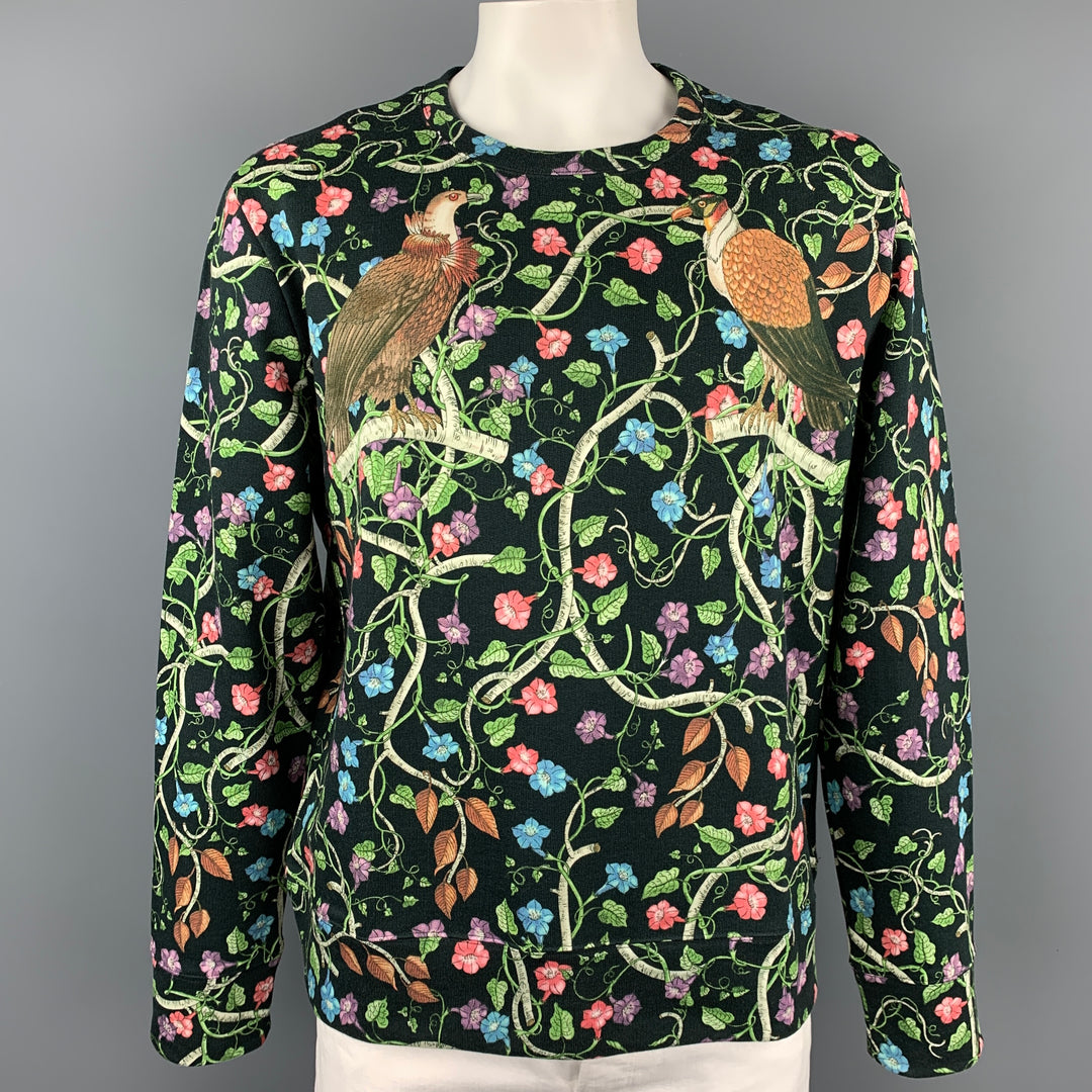 GUCCI 2016 Birds Of Prey Taille XL Sweat-shirt à col rond en coton floral multicolore