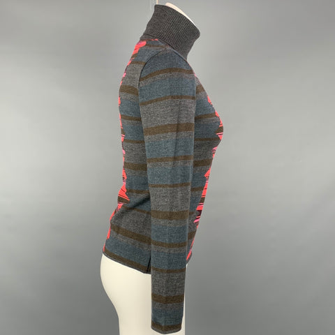 M MISSONI Taille 6 Gris &amp; Rouge Mérinos Color Block Laine / Acrylique Pull à col roulé