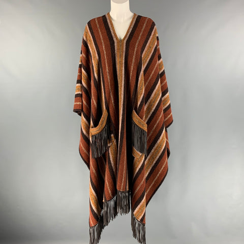 ETRO Size 4 Brown Tan Wool Stripe Leather Trim Poncho Cape