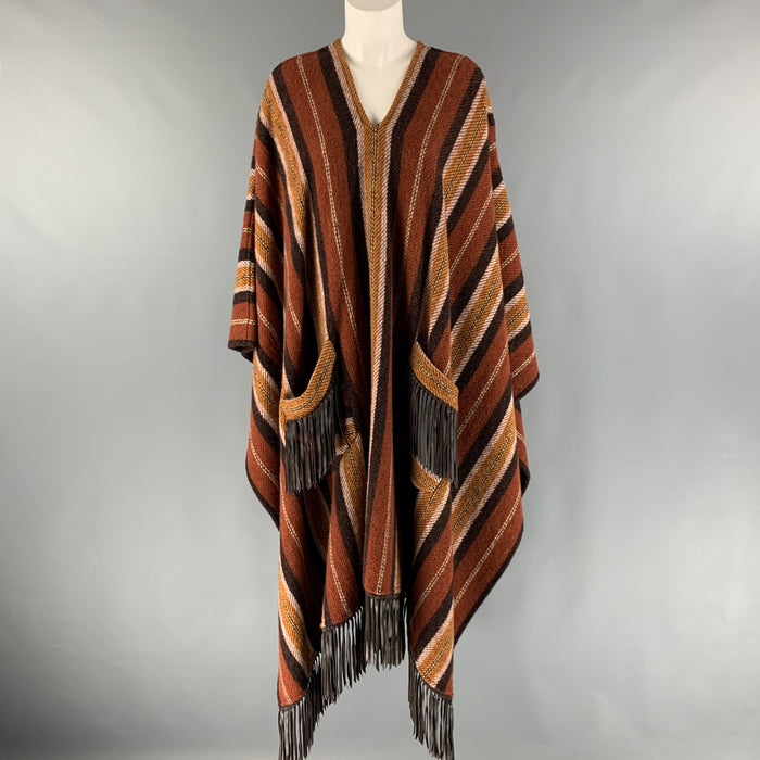 ETRO Size 4 Brown Tan Wool Stripe Leather Trim Poncho Cape