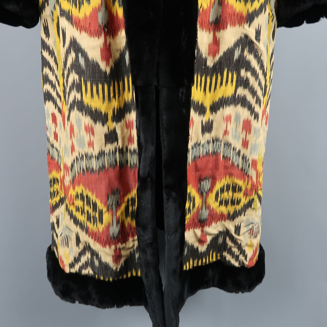 OSCAR DE LA RENTA Size L Ikat Silk & Embroidered Mink Reversible Opera Coat