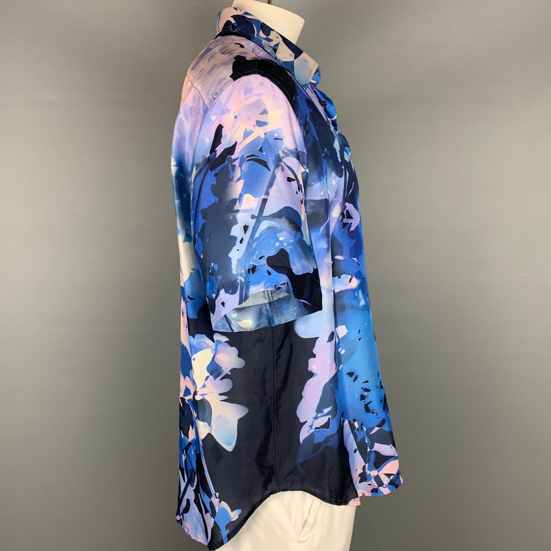 BRIONI Taille XXL Bleu &amp; Violet Blanc Chemise à manches courtes en soie florale abstraite