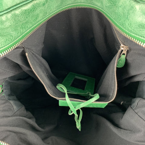 BALENCIAGA Distressed Green Leather Top Handles Handbag