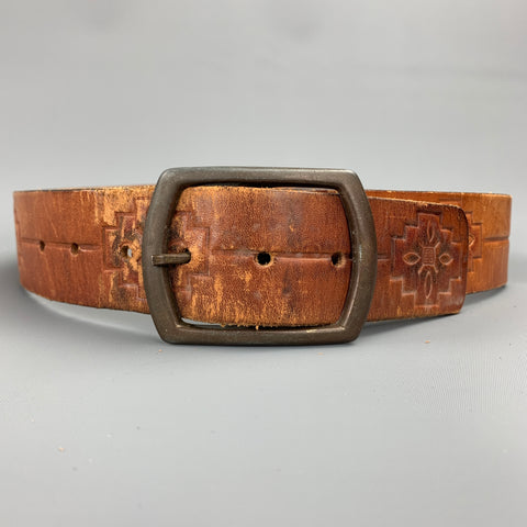 VINTAGE Taille 32 Ceinture en cuir peint à la main en relief Tan