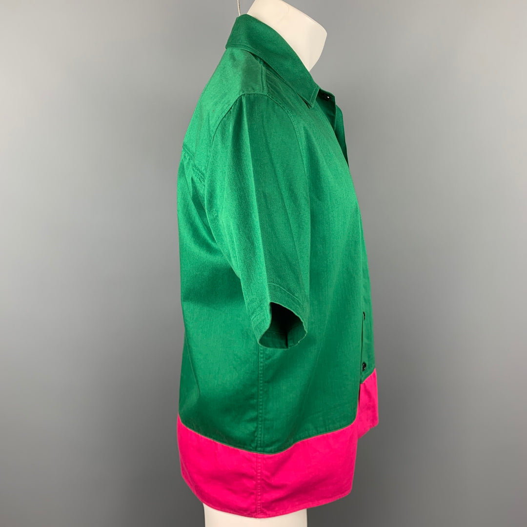AMI by ALEXANDRE MATTIUSSI Size M Green & Pink Color Block Cotton Short Sleeve Shirt