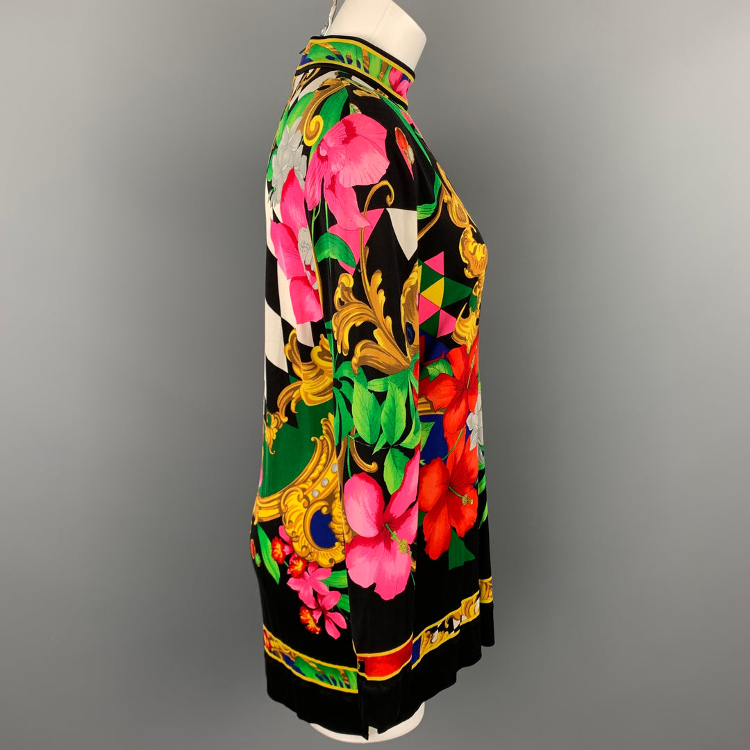 LEONARD Size M Multi-Color Floral Silk Tunic Blouse