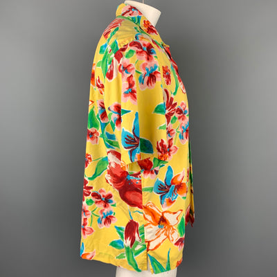 POLO by RALPH LAUREN Size L Yellow Print Silk / Cotton Camp Short Sleeve Shirt