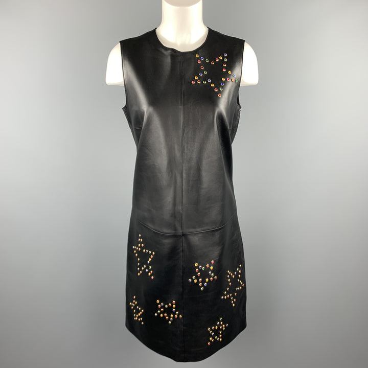 ESCADA Size 6 Black Leather Colored Gem Star Studded Shift Dress