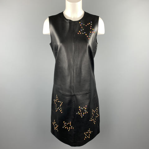 ESCADA Taille 6 Robe droite cloutée en cuir noir de couleur étoile gemme