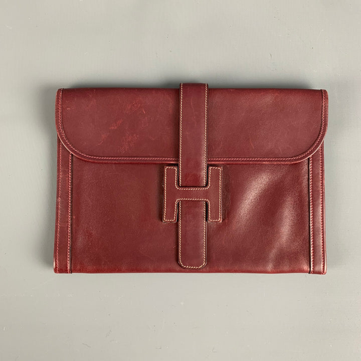 LEDERER Burgundy Contrast Stitch Leather Clutch Handbag & Leather Goods