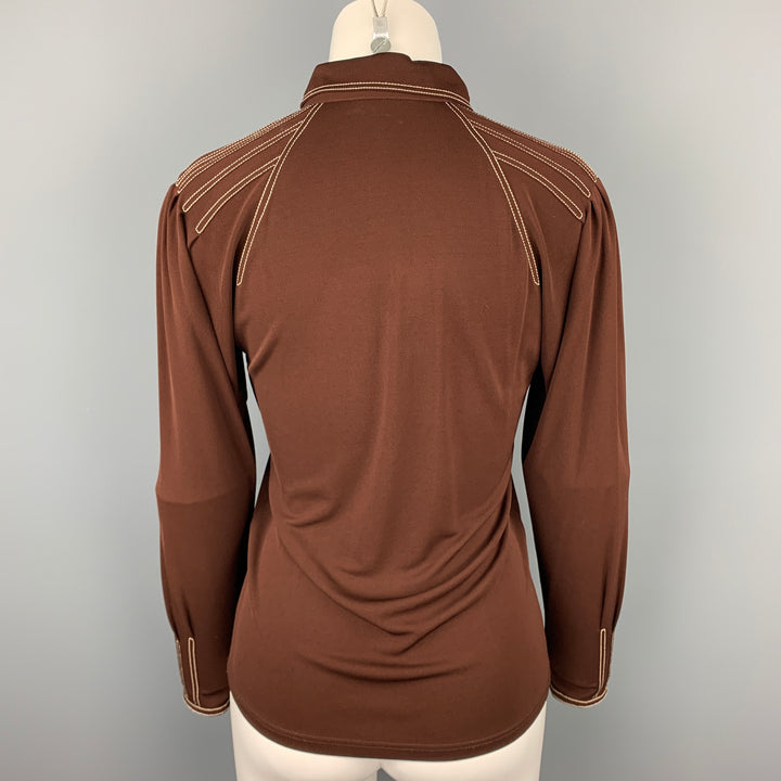 HERMES Size 6 Brown Jersey Contrast Stitch Blouse