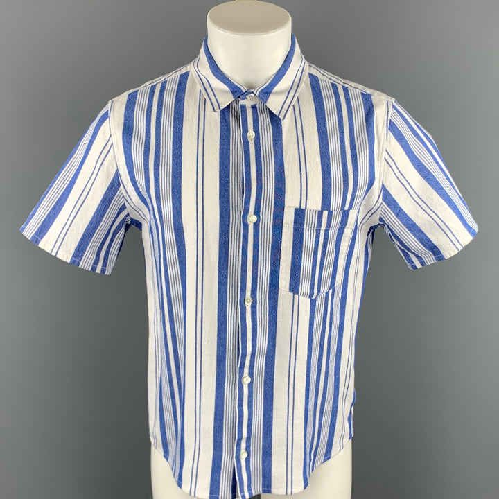A.P.C. Size XL Blue & White Stripe Button Up Short Sleeve Shirt