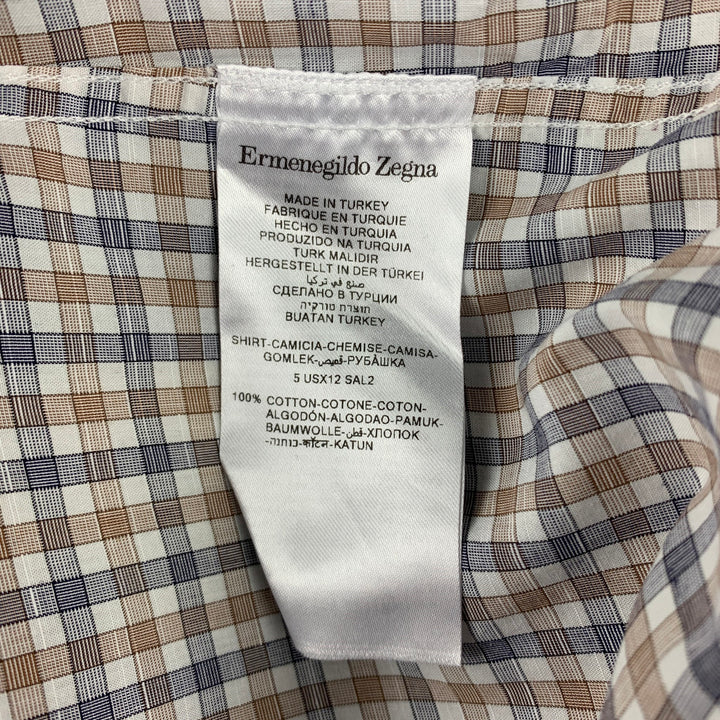 ERMENEGILDO ZEGNA Talla XL Camisa de manga larga de algodón a cuadros blanca y gris