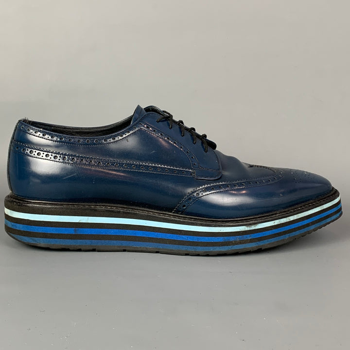 PRADA Taille 13 Chaussures à lacets en cuir perforé bleu Wingtip