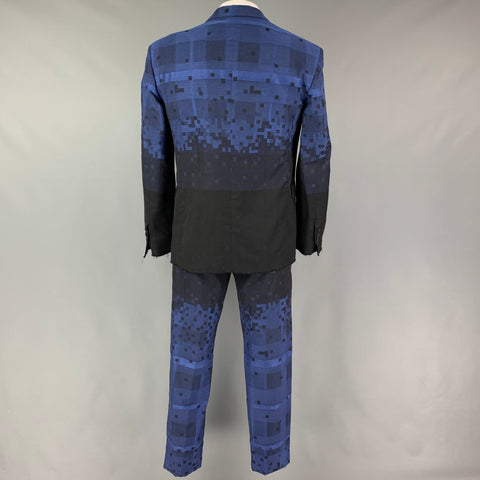 VIVIENNE WESTWOOD MAN Size 42 Blue Black Square Print Wool Blend Raw Hem Double Breasted Suit