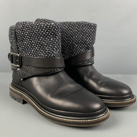 CHANEL Talla 7.5 Botas sin cordones de materiales mixtos de tweed gris negro