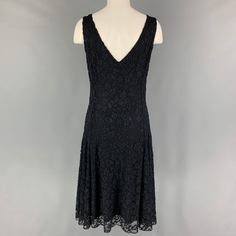 RALPH LAUREN Blue Label Size L Navy Nylon V-Neck Mid-Calf Dress