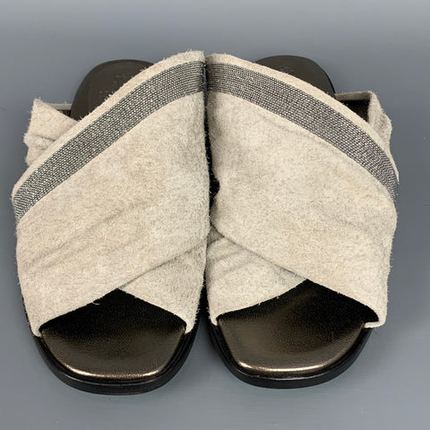 BRUNELLO CUCINELLI Size 8.5 Grey & Silver Suede Criss-crossed Slip On Flats