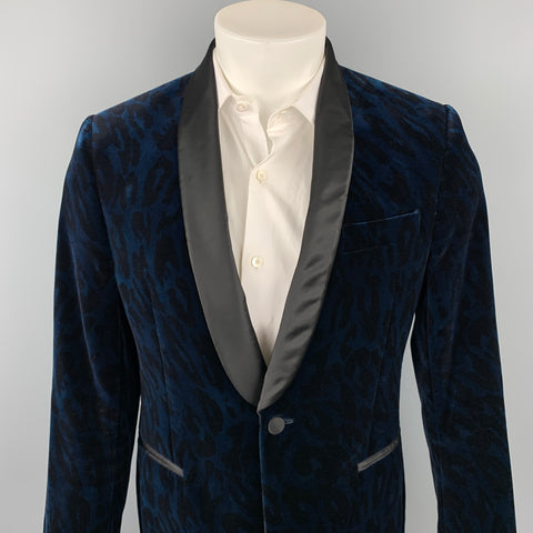 VERSACE COLLECTION Size 38 Navy & Black Animal Print Velvet Shaw Lapel Sport Coat